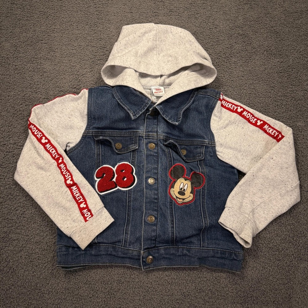 Disney Mickey‎ Mouse Jacket Boys 7/8 Blue Denim Hooded Jean Hoodie Patch Sleeves